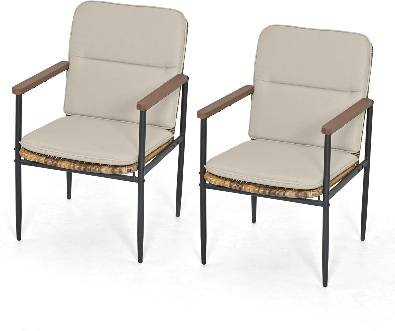 Aluminum Patio Dining Chairs Set of 2, All-Weather Woven Wicker Rattan Chair with Wooden Armrest