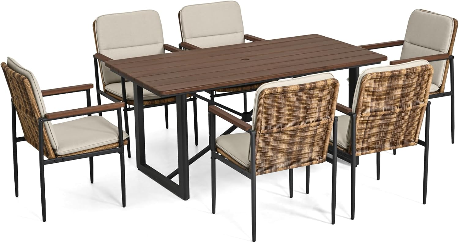 7-Piece Patio Dining Set, Wicker Outdoor Table and Chairs Set for 6 with Powder-Coated Aluminum Frame