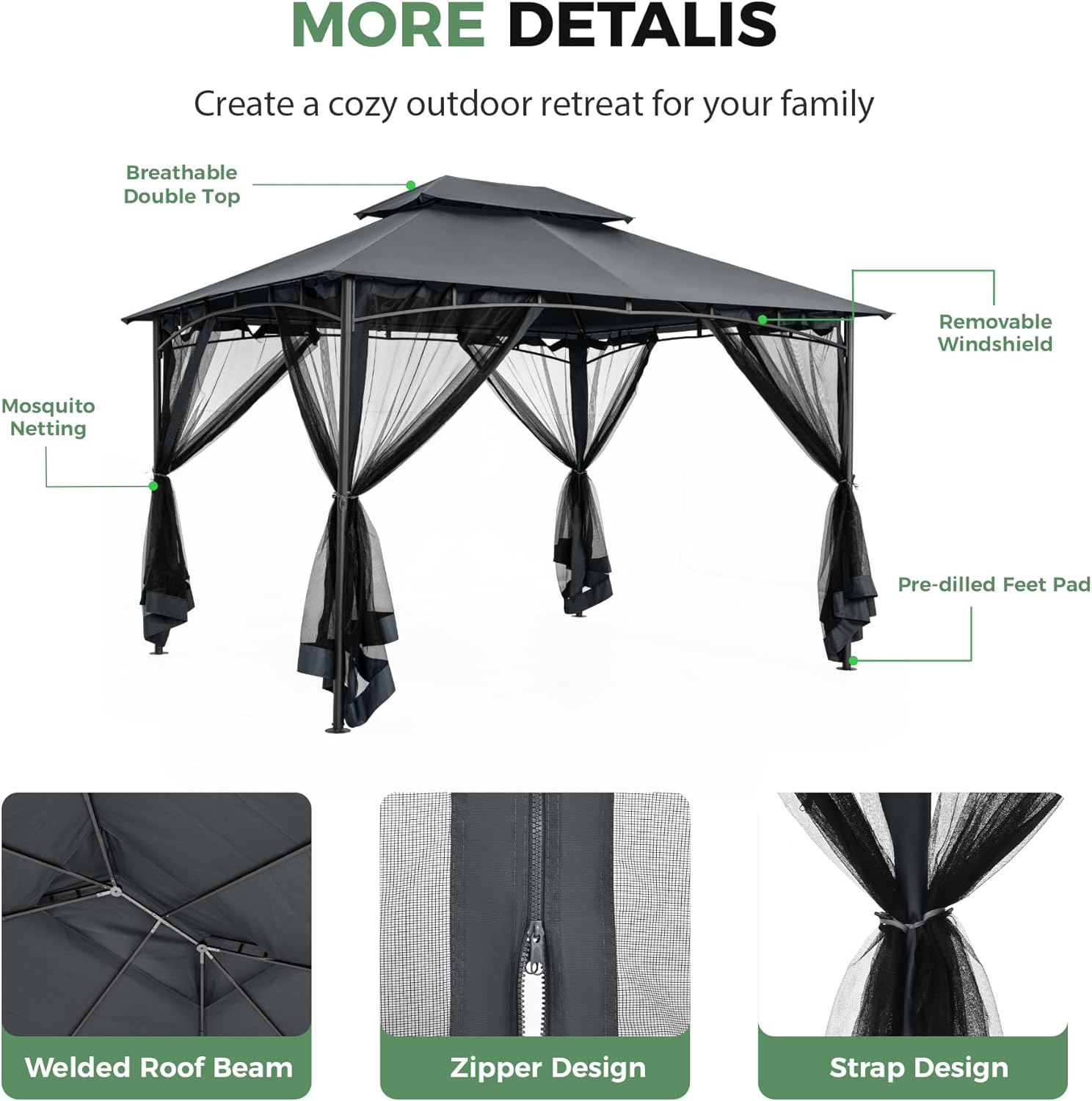 10' X 12' Patio Gazebo with Ventilation Double Roof, Outdoor Gazebo with Removable Mosquito Netting