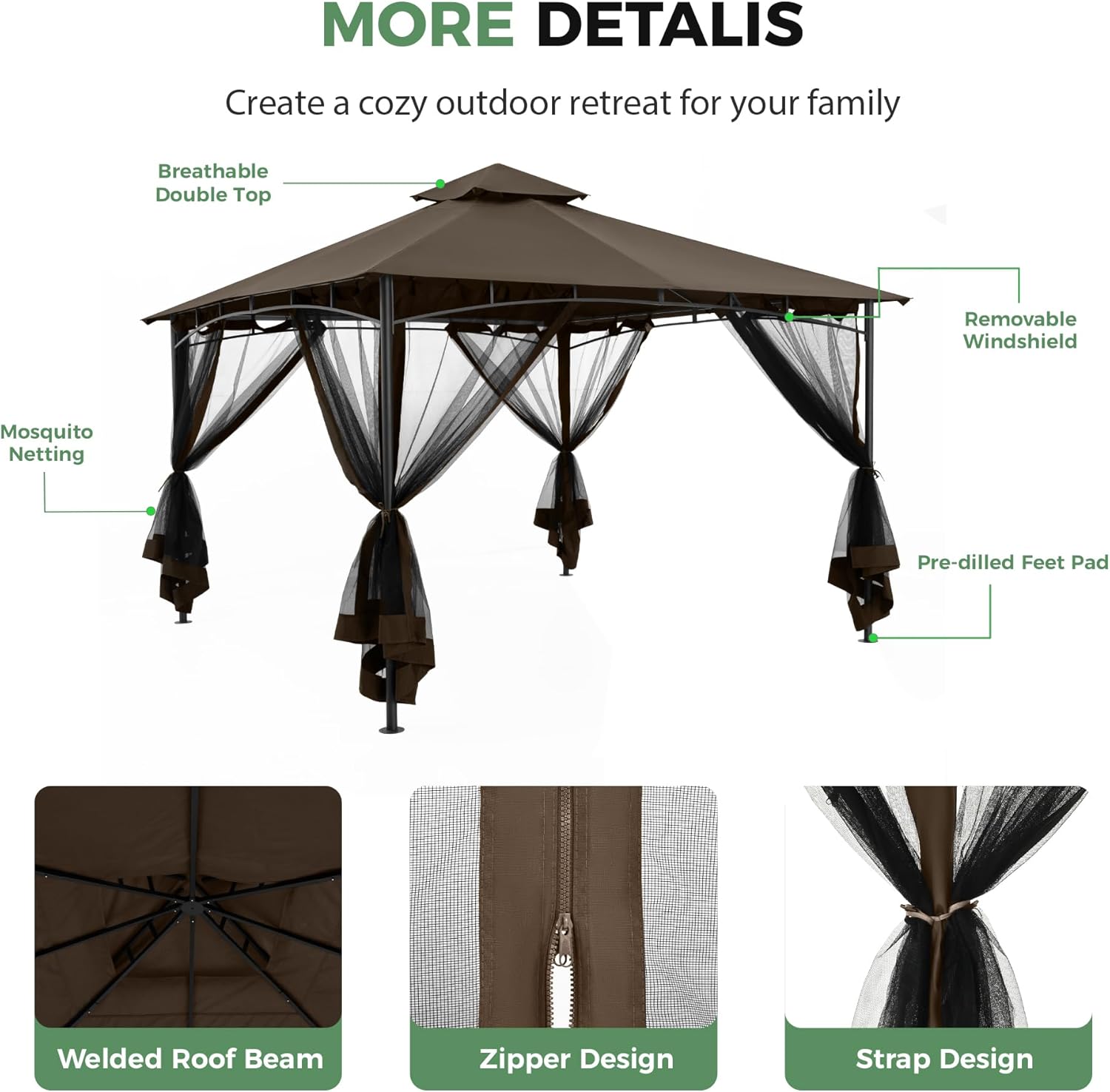 12' X 12' Patio Gazebo with Ventilation Double Roof, Outdoor Gazebo with Removable Mosquito Netting