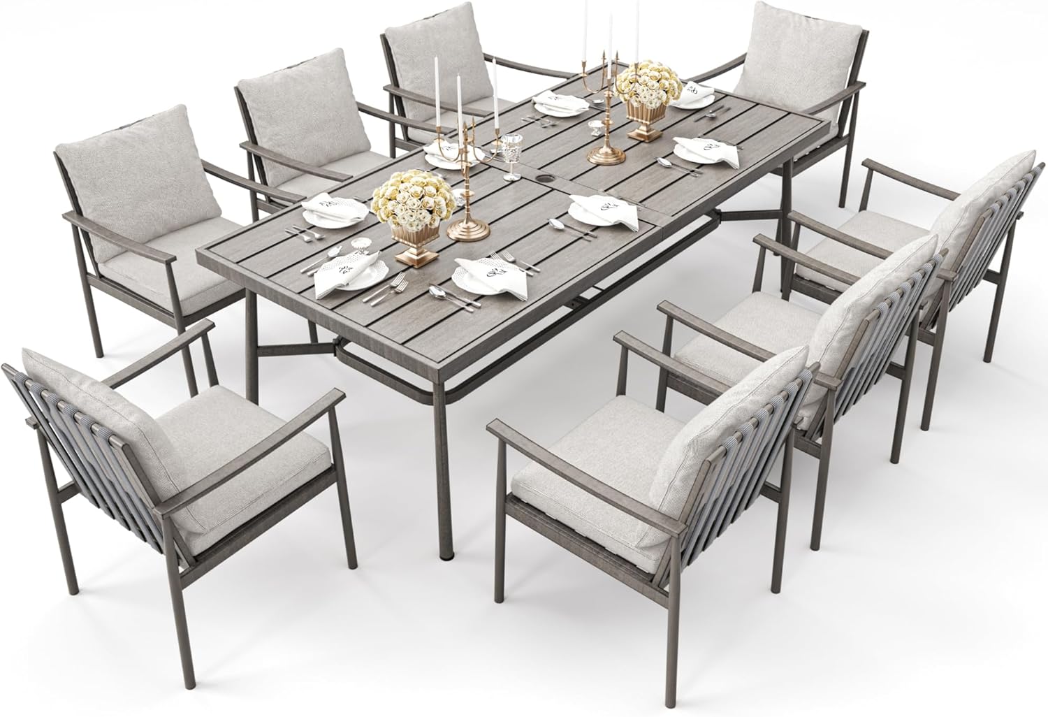 9-Piece Outdoor Dining Set for 8, Aluminum Dining Set with Cushions, 8 Dining Chairs with Rope Backrest