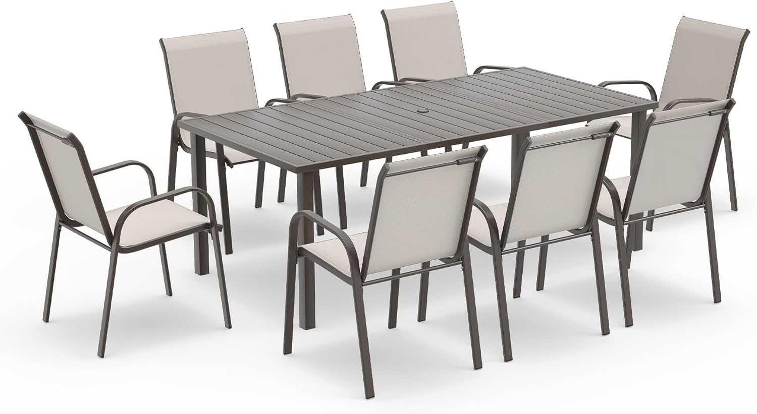 Metal Dining Table with Umbrella Hole, Stackable Outdoor Chairs for Garden Set for 8