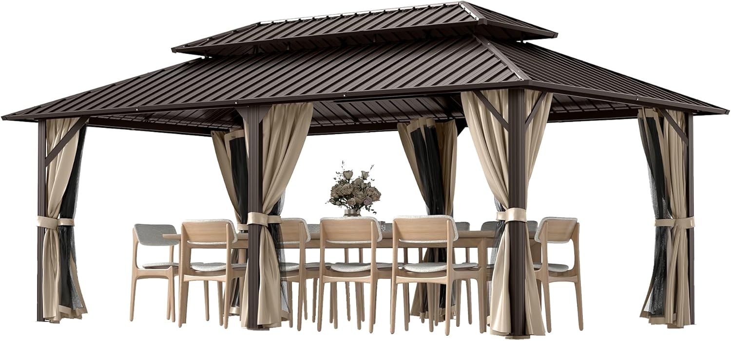 12' x 20' Hardtop Gazebo, Aluminum Frame Gazebo with Double Galvanized Steel Roof, Outdoor Permanent Pavilion with Netting & Curtains