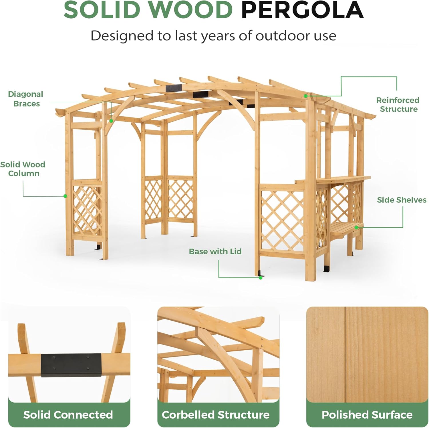 10' x 14' Wood Pergola Outdoor, Patio Pergola Solid Structure with Shelves