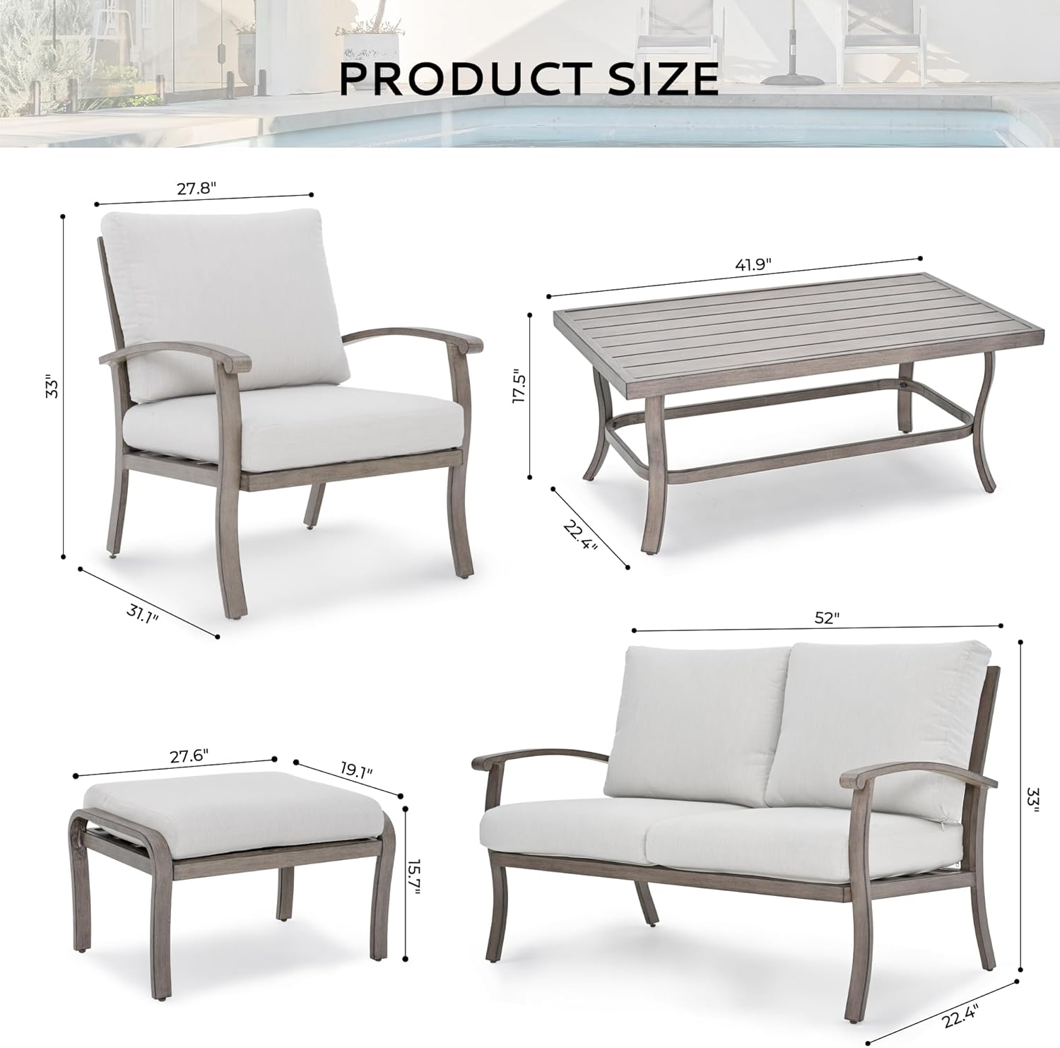 Aluminum Patio Furniture Set with Coffee Table 6 Pieces, Sectional Loveseat and Armchairs with Cushion and Ottomans