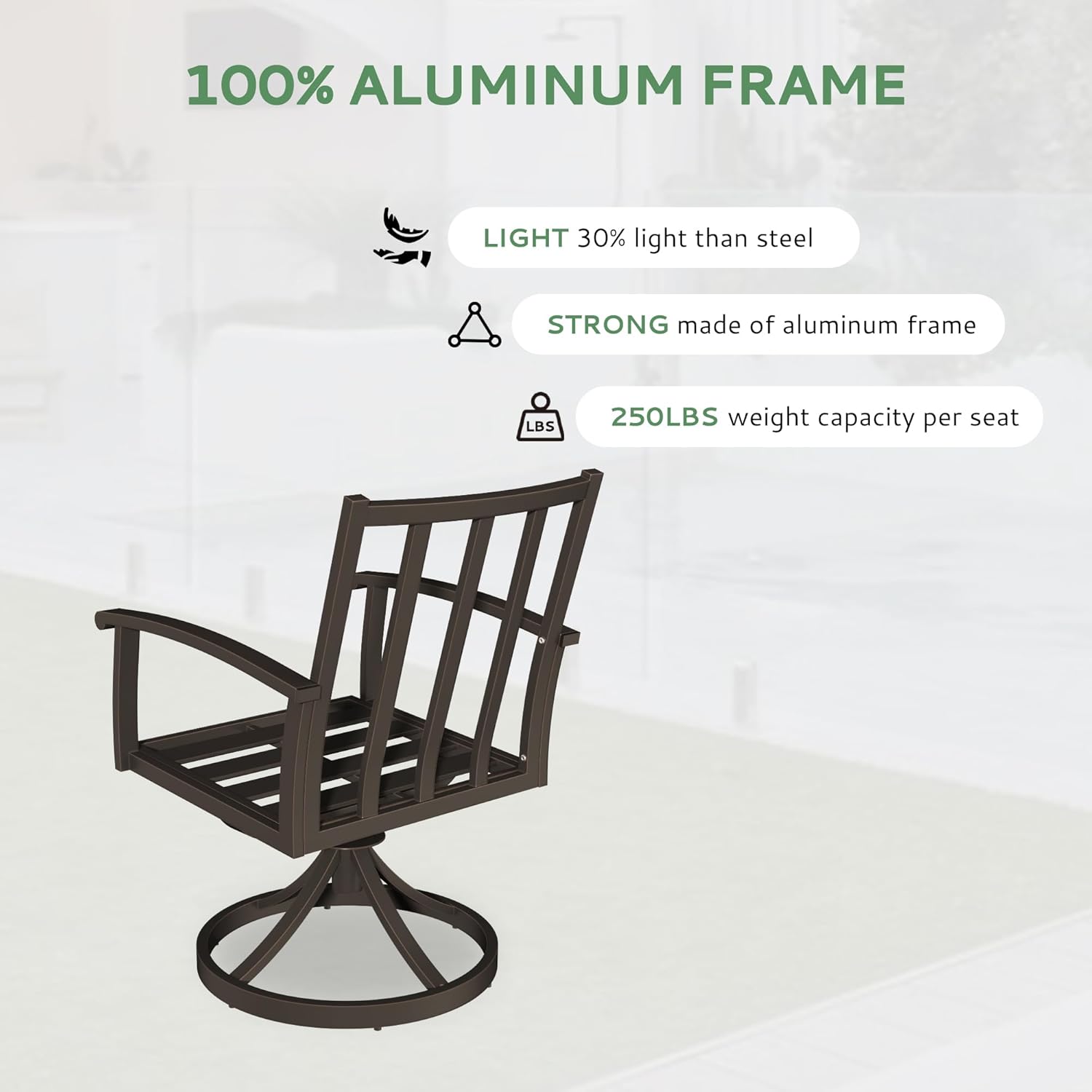 Outdoor Swivel Dining Chairs Set of 2, Aluminum Swivel Rocker Chairs with Curved Armrest & Aluminum Frame