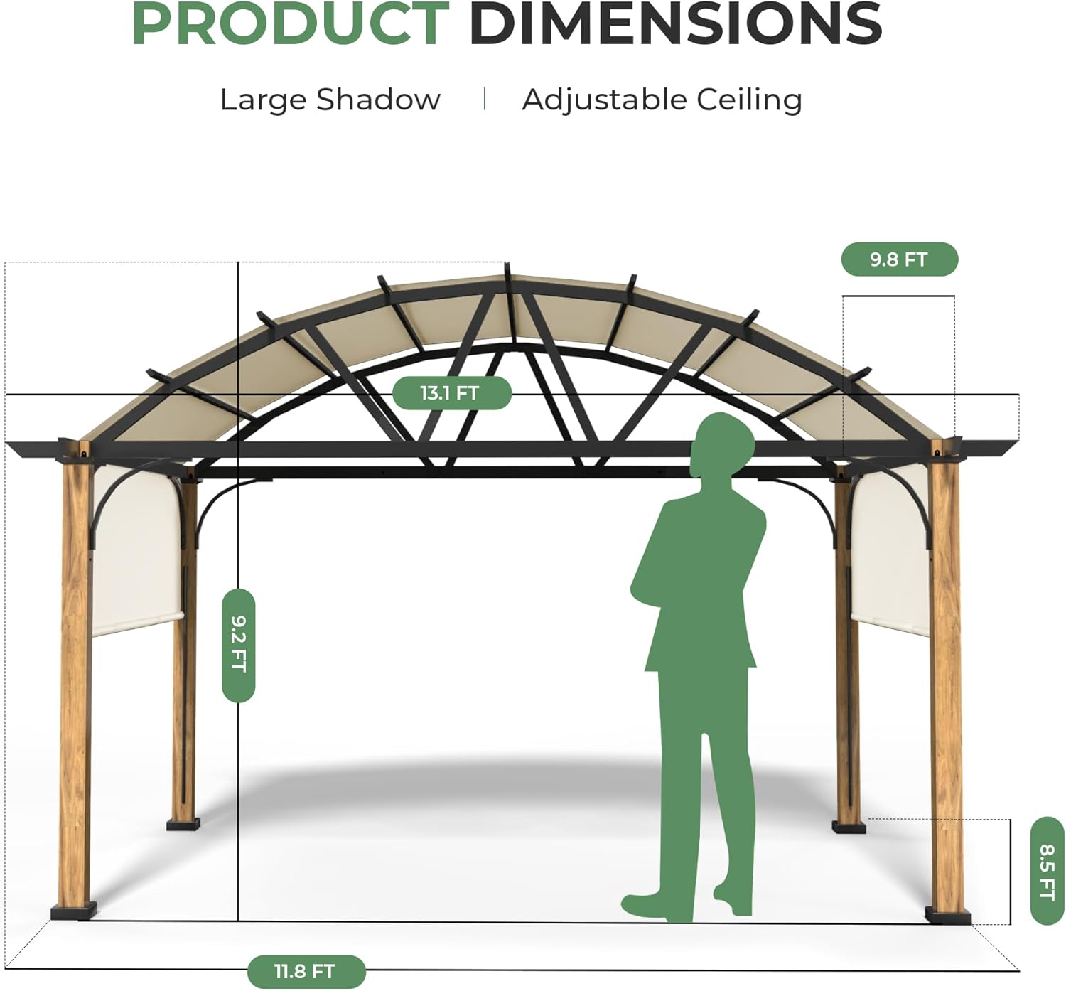 10' X 13' Outdoor Pergola with Retractable Canopy, Wood Grain Metal Patio Pergola Shade