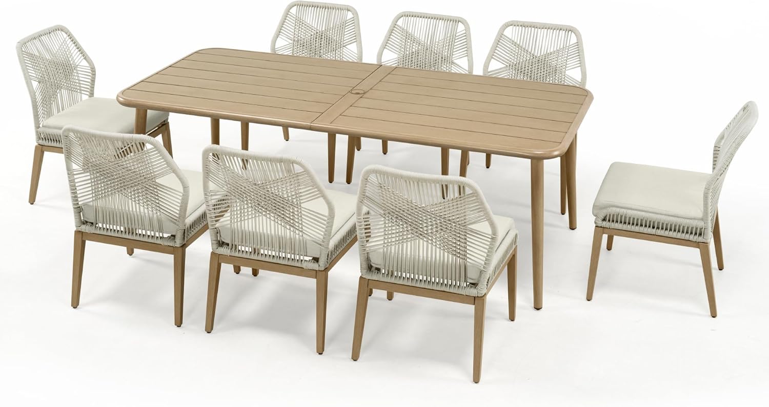 Patio Dining Set 9-Piece Outdoor, Wood-Grain Aluminum Table with Umbrella Hole