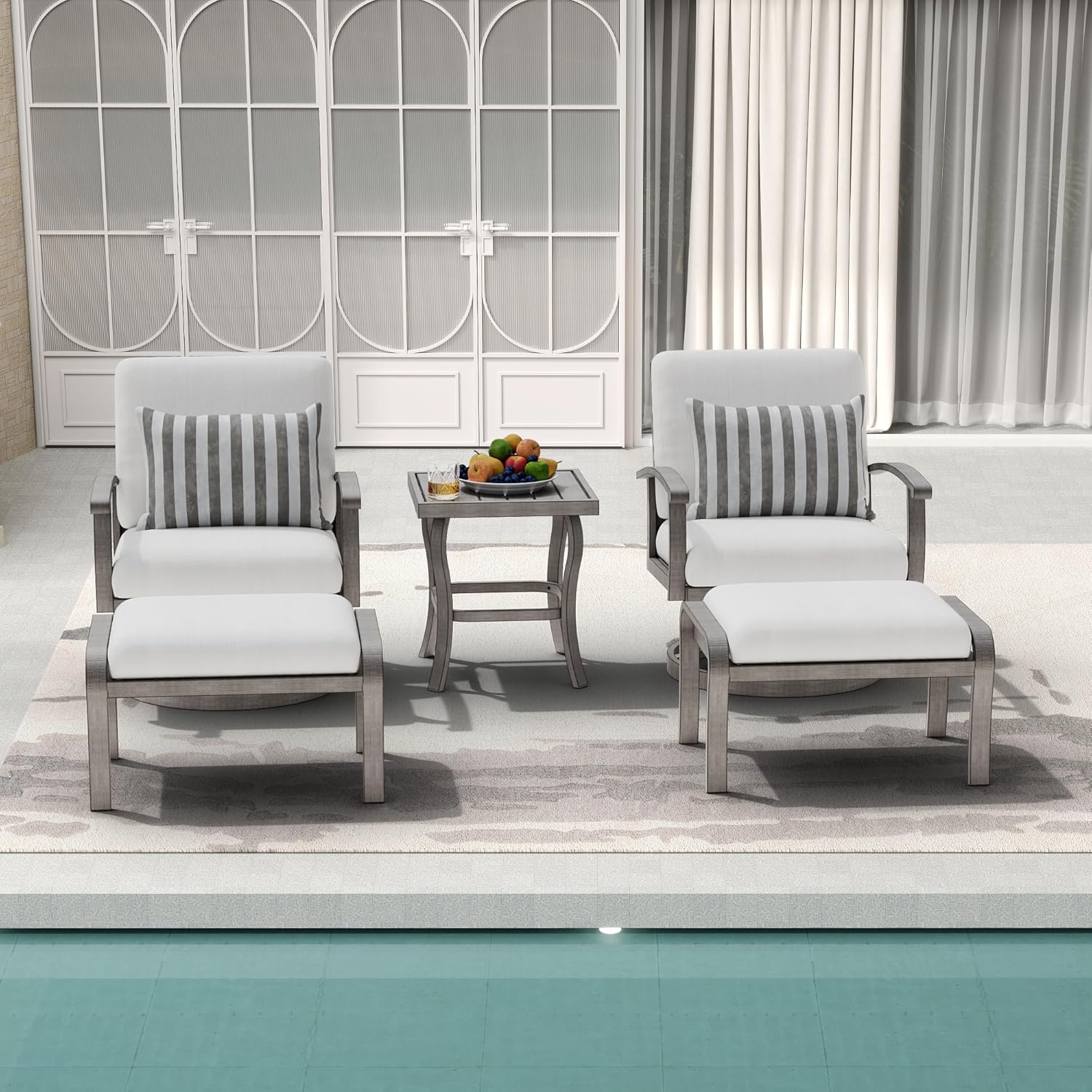 5 Pieces Aluminum Patio Furniture Set with Side Table, 2 Swivel Chairs and 2 Ottomans with Thick Cushion