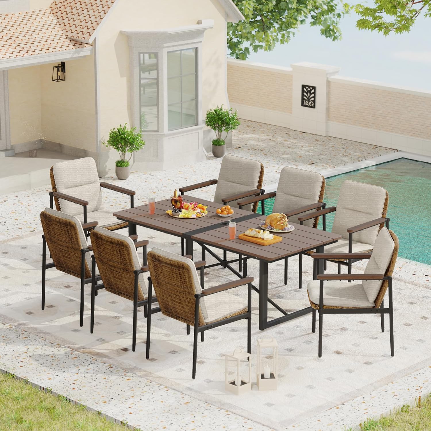 7-Piece Patio Dining Set, Wicker Outdoor Table and Chairs Set for 6 with Powder-Coated Aluminum Frame