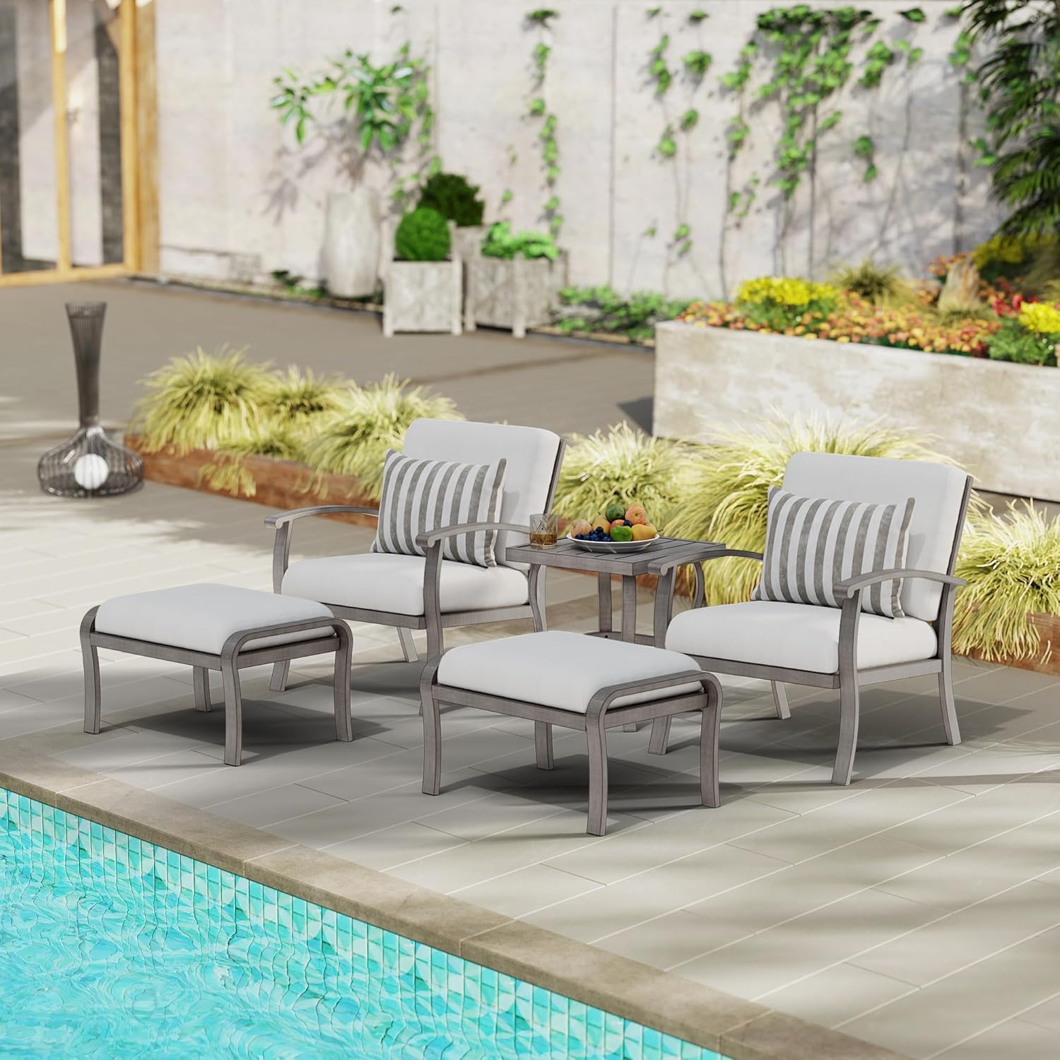 5 Pieces Aluminum Patio Furniture Set with Side Table, 2 Armchairs and 2 Ottomans with Thick Cushion