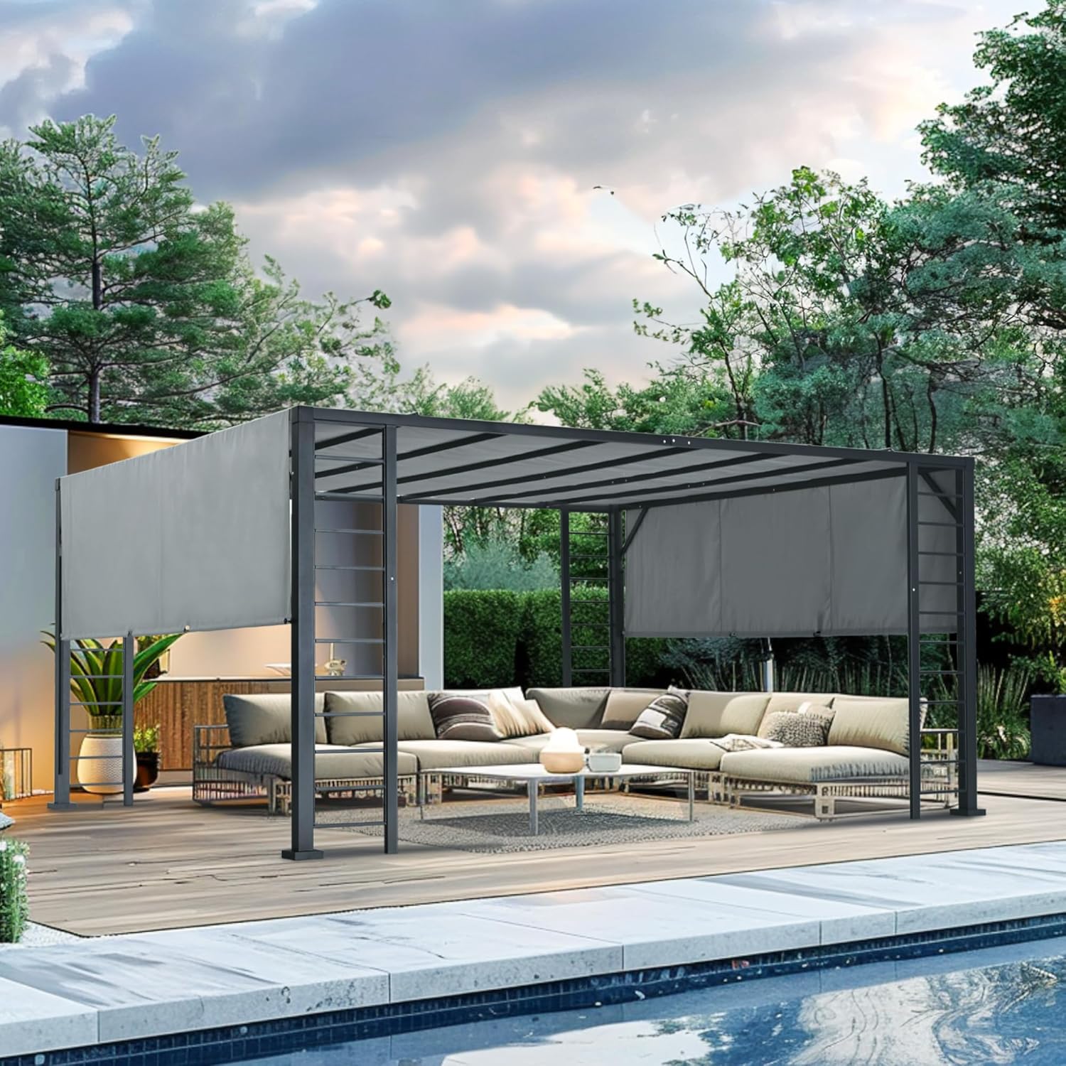 13' X 15' Outdoor Retractable Pergola, Aluminum Frame with Retractable Sun Shade Canopy