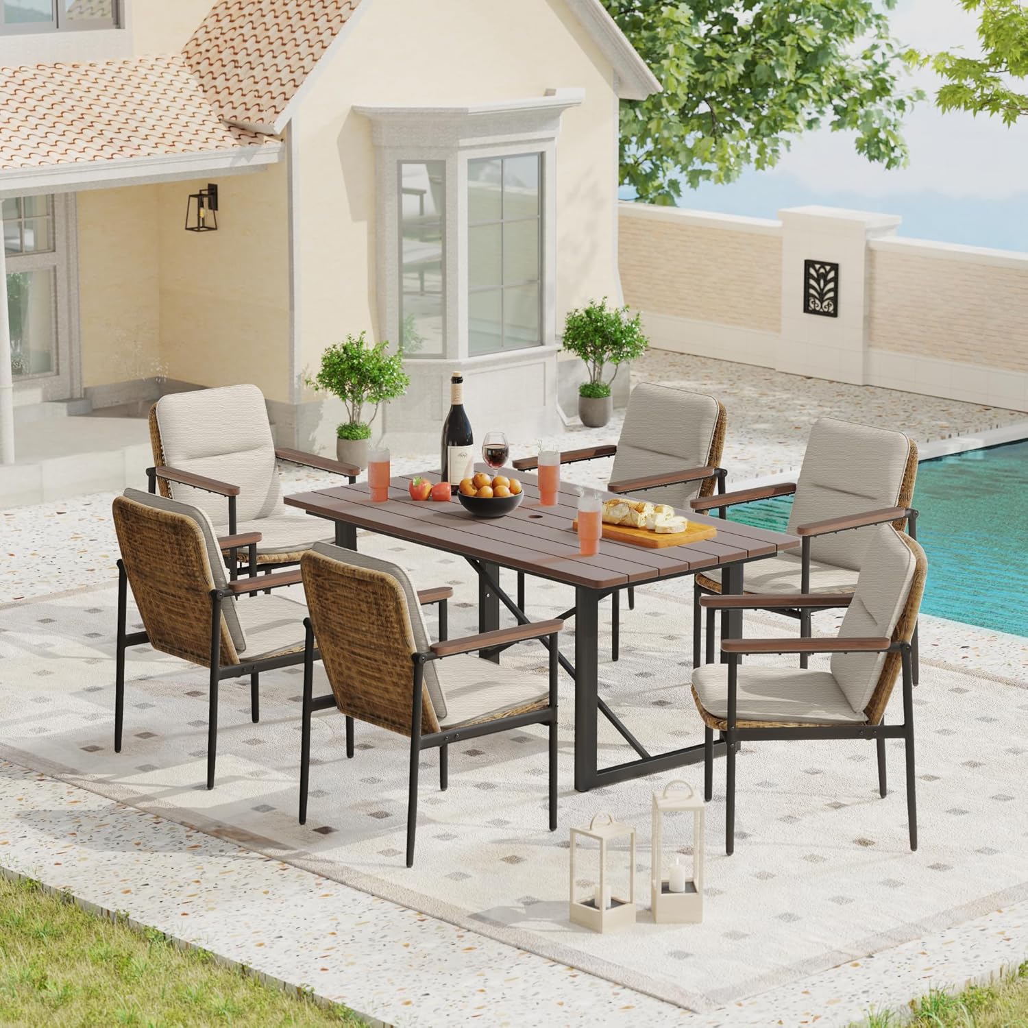 7-Piece Patio Dining Set, Wicker Outdoor Table and Chairs Set for 6 with Powder-Coated Aluminum Frame