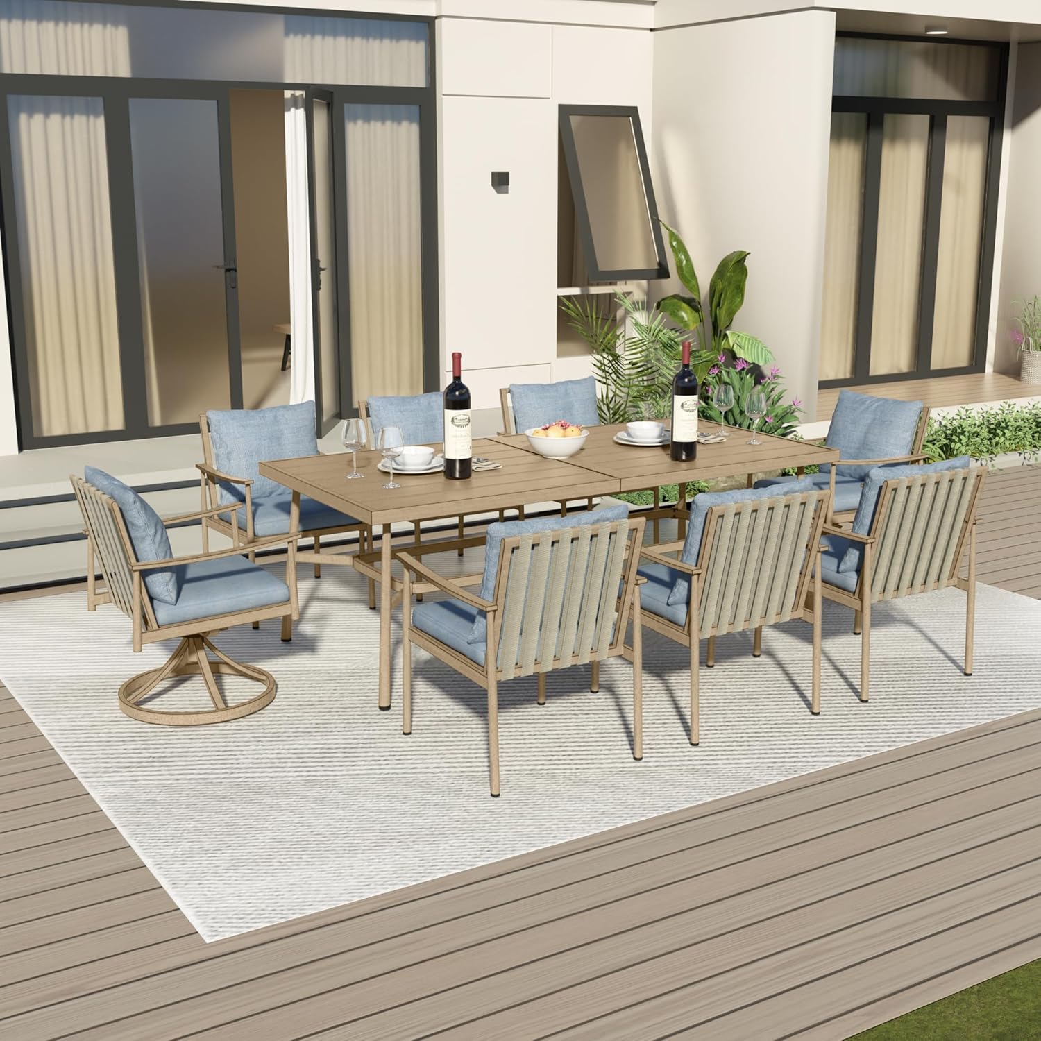 9-Piece Outdoor Dining Set for 8, Aluminum Dining Set with Cushions, 6 Dining Chairs and 2 Swivel Chairs with Rope Backrest