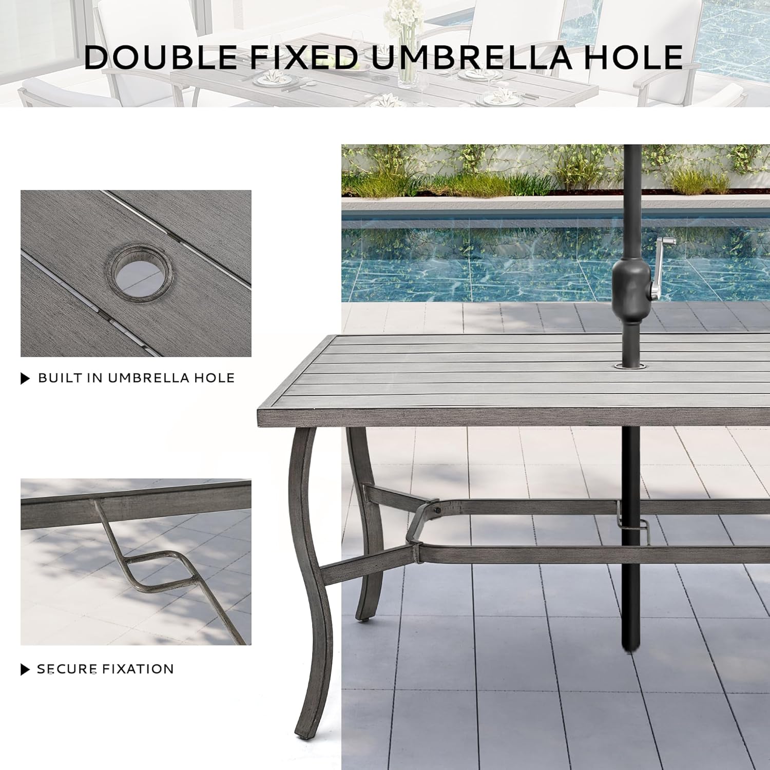 6-Person Outdoor Dining Table, Aluminum Rectangle 60"×36.2" Outdoor Dining Table with 2.2" Umbrella Hole