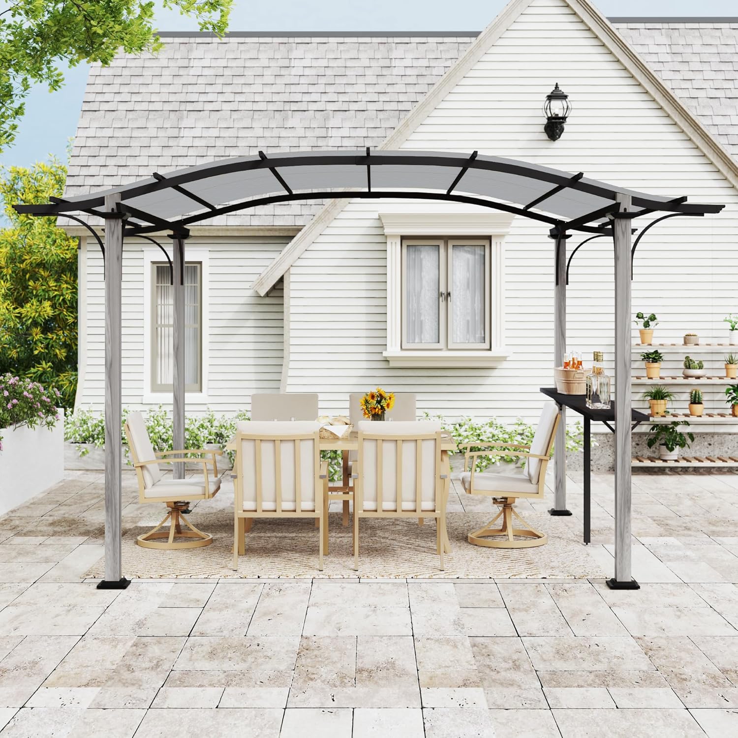 10' x 13' Arched Top Outdoor Pergola, Aluminum Frame Gazebo with Storage Shelf, Wood-Like Frame Patio Pergola Shade