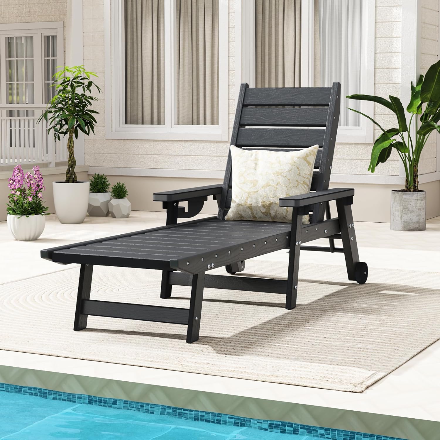 HDPE Chaise Lounge 5-Level Adjustable Backrest, Pool Lounge Chair with Wheels and Cup Holder