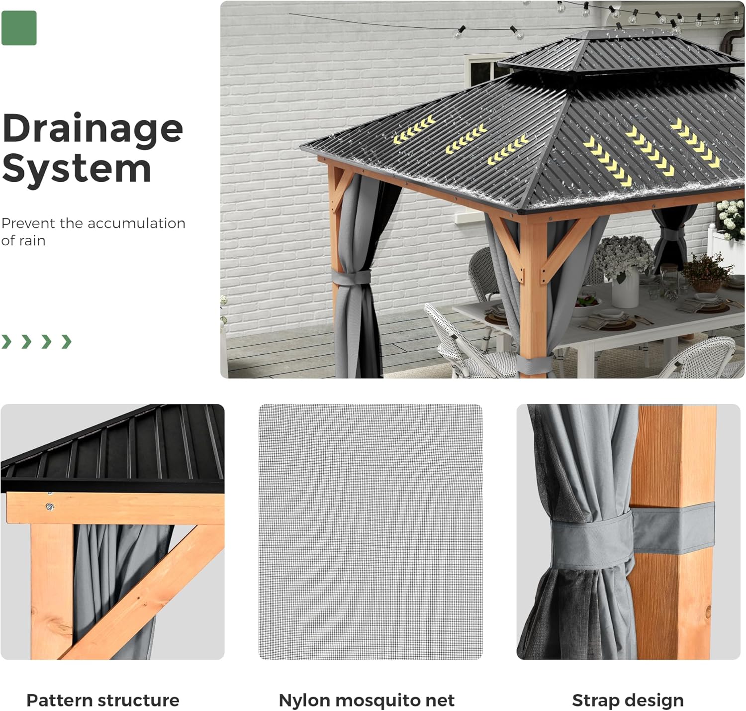 11x13 Wood Gazebo, Outdoor Hardtop Gazebo with Netting and Curtains, Double Galvanized Steel Roof