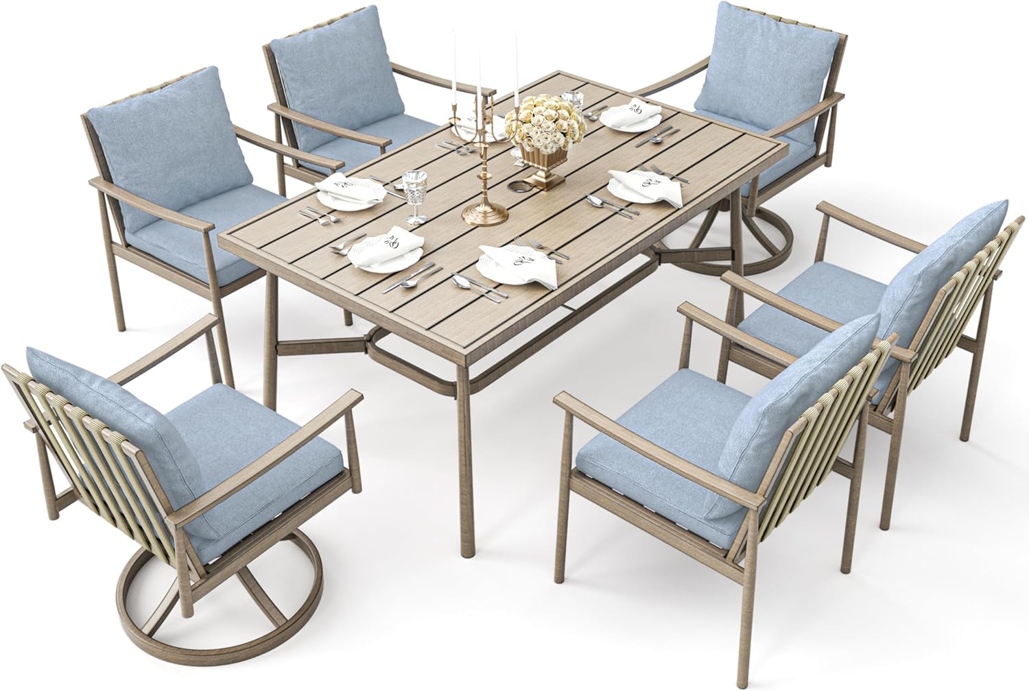 7-Piece Outdoor Dining Set for 6, Aluminum Dining Set with Cushions, 4 Dining Chair and 2 Swivel Chairs with Rope Backrest