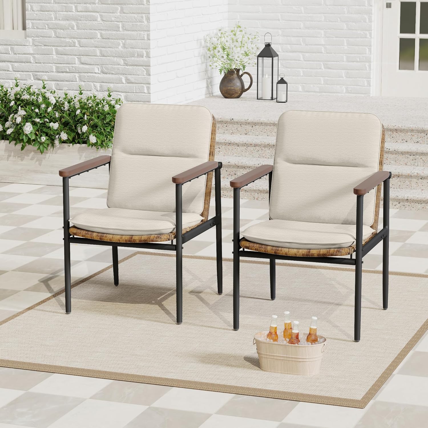 Aluminum Patio Dining Chairs Set of 2, All-Weather Woven Wicker Rattan Chair with Wooden Armrest