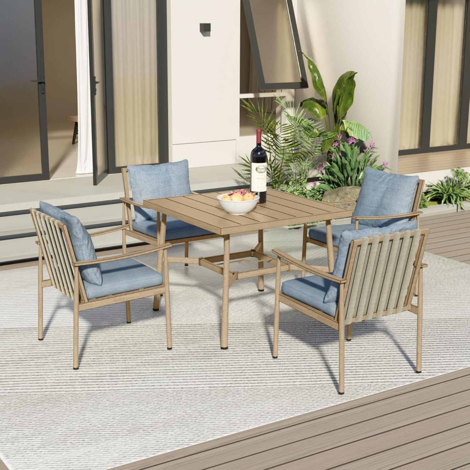 5-Piece Outdoor Dining Set for 4, Aluminum Patio Dining Set with Cushions, 4 Dining Chairs with Rope Backrest