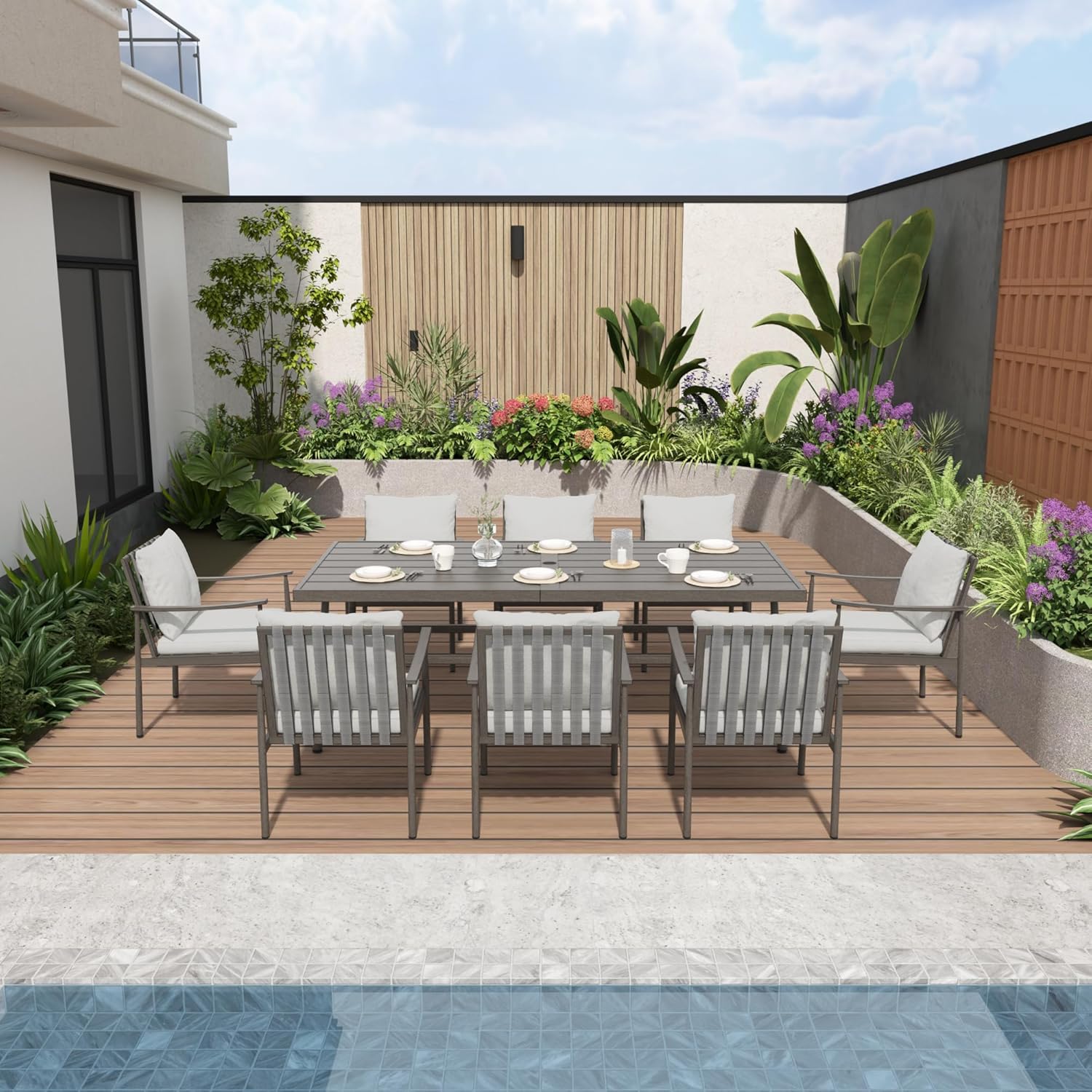 9-Piece Outdoor Dining Set for 8, Aluminum Dining Set with Cushions, 8 Dining Chairs with Rope Backrest