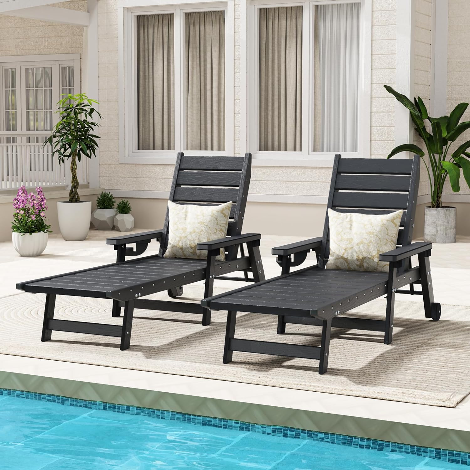 Outdoor Lounge Chairs Set of 2, HDPE Chaise Lounge 5-Level Adjustable Backrest, Pool Lounge Chair with Wheels and Cup Holder