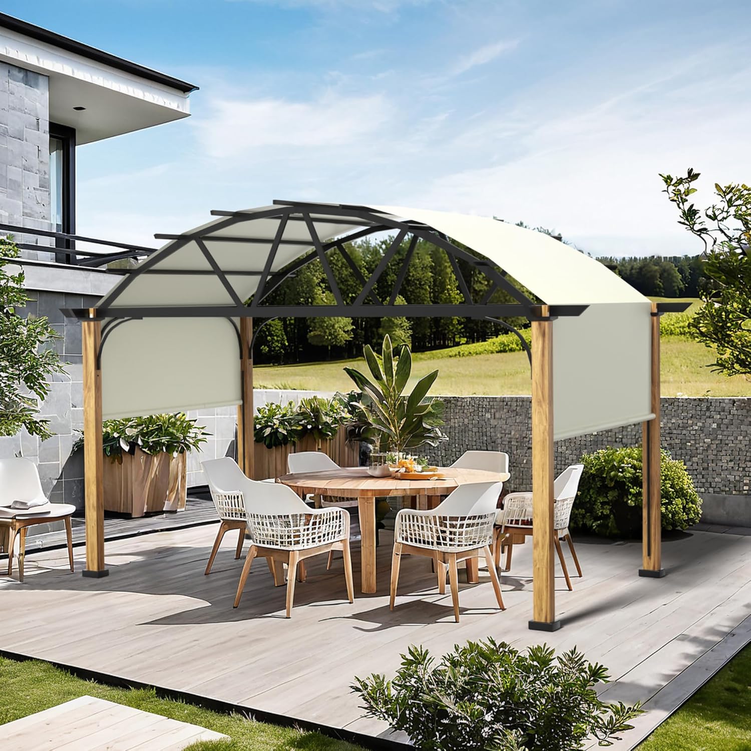 10' X 13' Outdoor Pergola with Retractable Canopy, Wood Grain Metal Patio Pergola Shade
