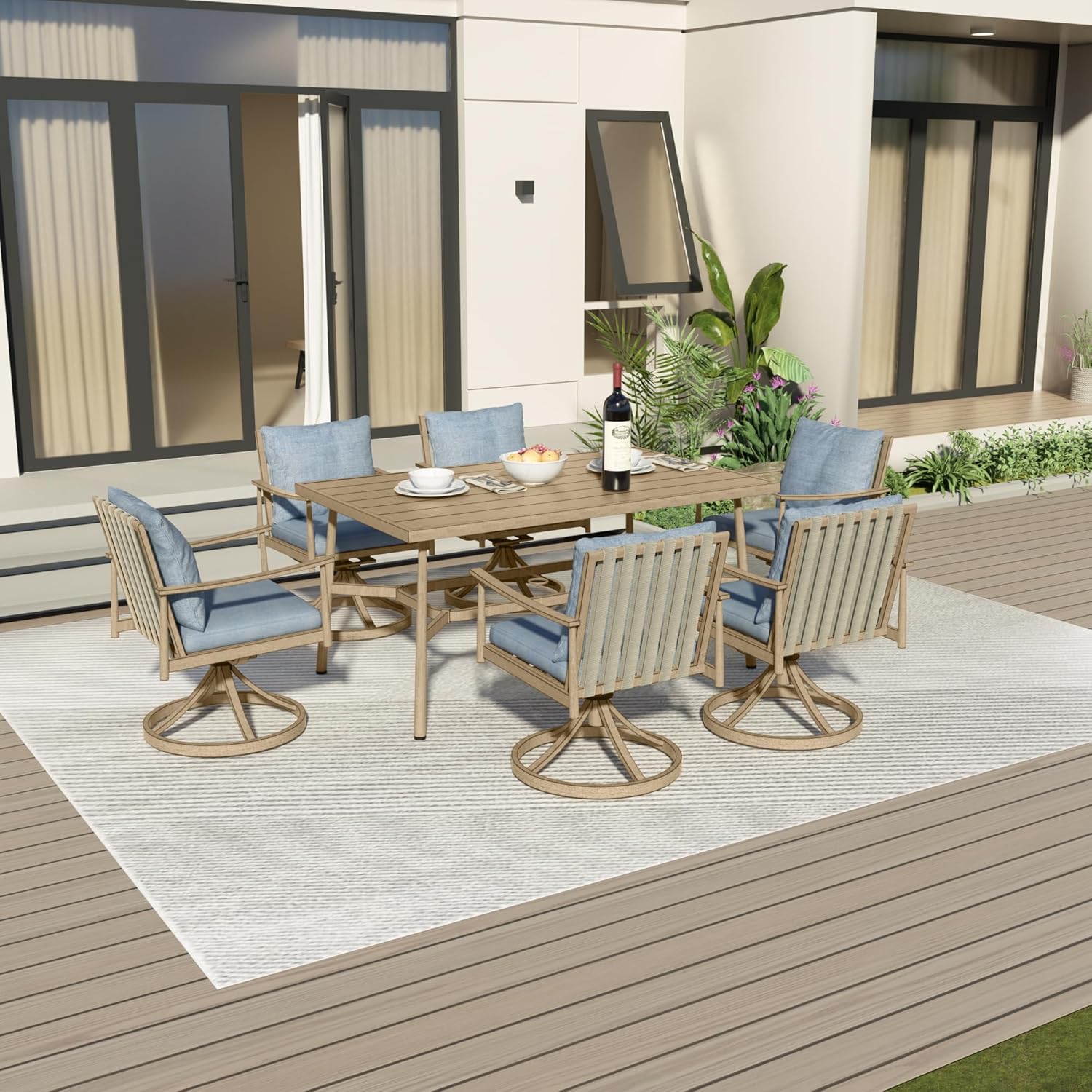 7-Piece Outdoor Dining Set for 6, Aluminum Dining Set with Cushions, 6 Swivel Chairs with Rope Backrest