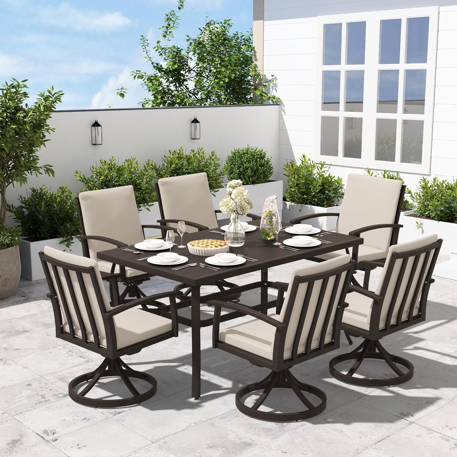 7-Piece Outdoor Patio Dining Set, Aluminum Patio Table and Chairs Set for 6, Rectangular Table with Umbrella Hole