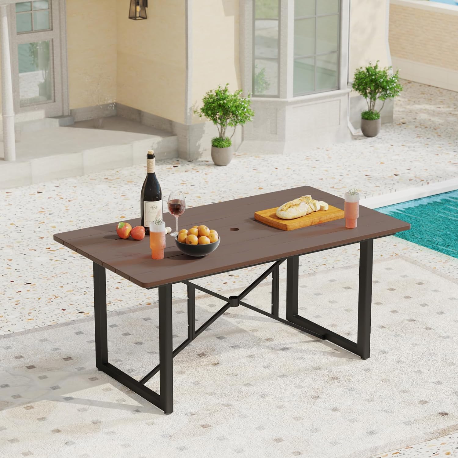 6-Person Outdoor Acacia Wood Dining Table, Patio Dining Table with Powder-Coated Aluminum Frame