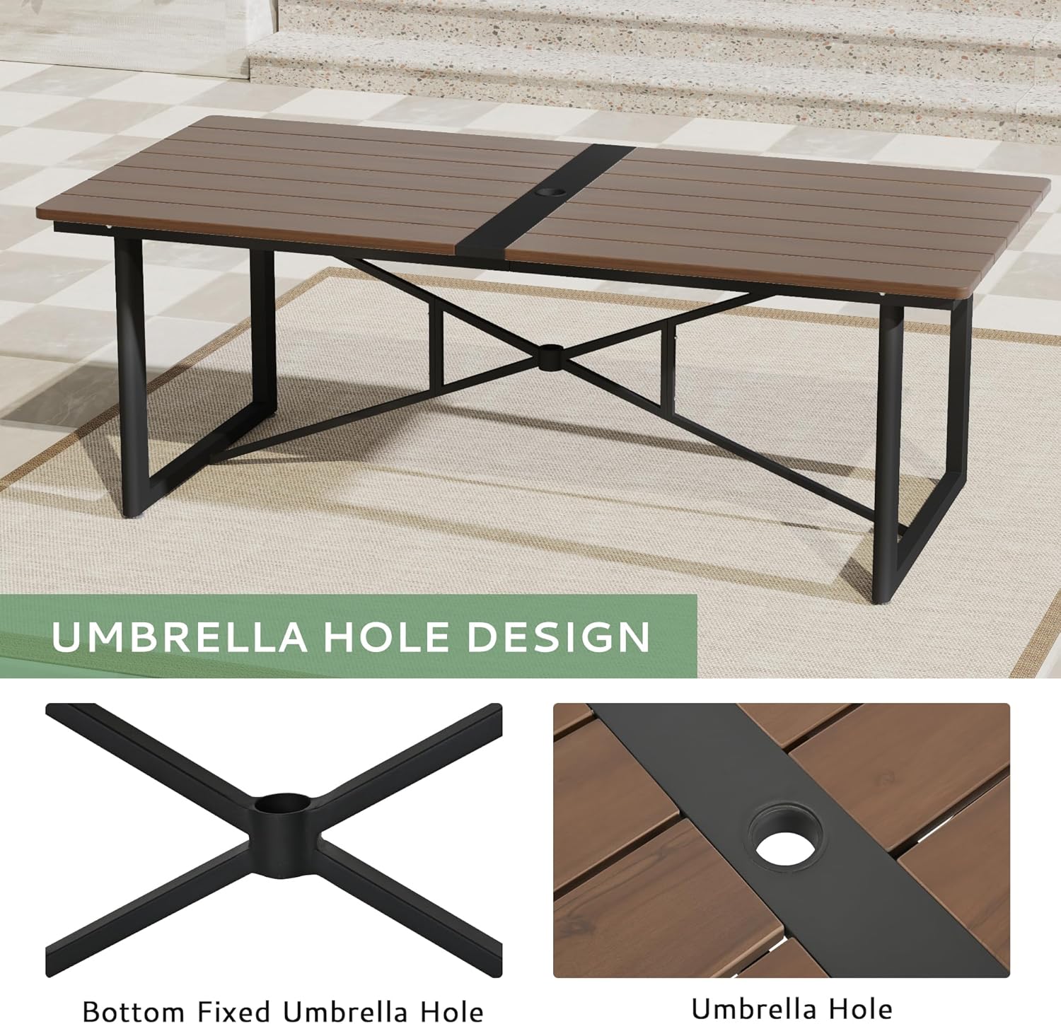 Patio Dining Table with Powder-Coated Aluminum Frame, Rectangle Outdoor Dining Table with Umbrella Hole