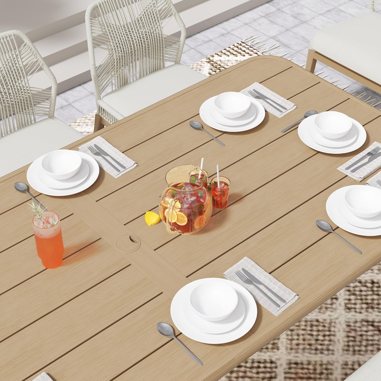 Patio Dining Set 9-Piece Outdoor, Wood-Grain Aluminum Table with Umbrella Hole