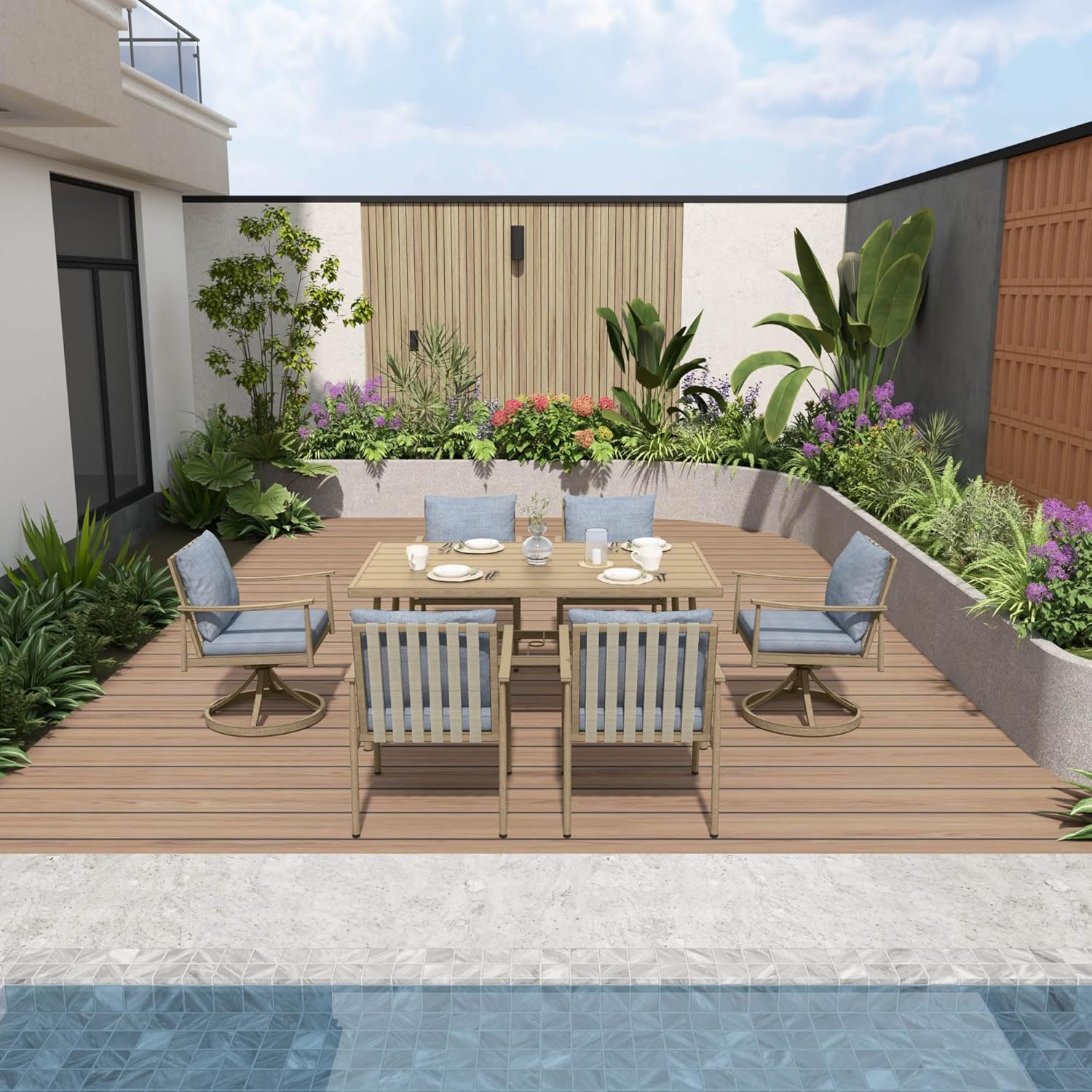 7-Piece Outdoor Dining Set for 6, Aluminum Dining Set with Cushions, 4 Dining Chair and 2 Swivel Chairs with Rope Backrest