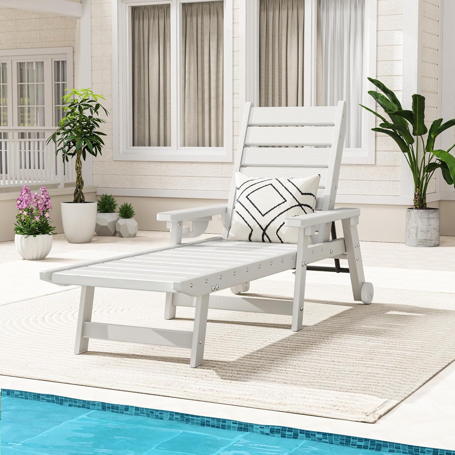 HDPE Chaise Lounge 5-Level Adjustable Backrest, Pool Lounge Chair with Wheels and Cup Holder