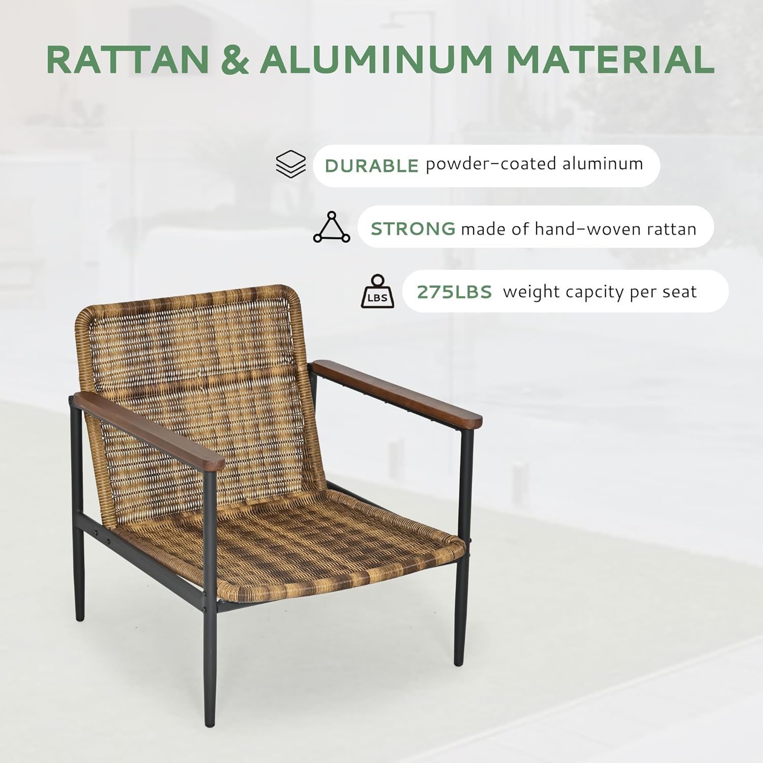 3-Piece Patio Outdoor Bistro Sets, All Weather Rattan Patio Furniture Set with Aluminum Frame Chairs and Side Table