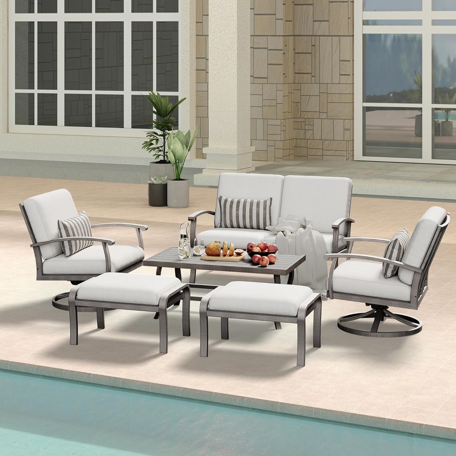 Aluminum Patio Furniture Set with Coffee Table 6 Pieces, Sectional Loveseat and Swivel Chairs with Cushion and Ottomans
