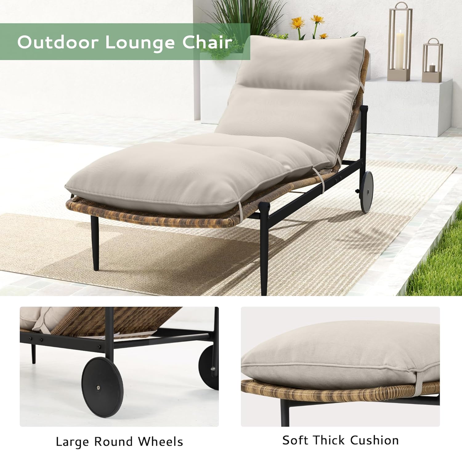 Chaise Lounge Chair Outdoor 2PCS - PE Rattan Wicker Patio Pool Lounge Chair with Cushion and Wheels