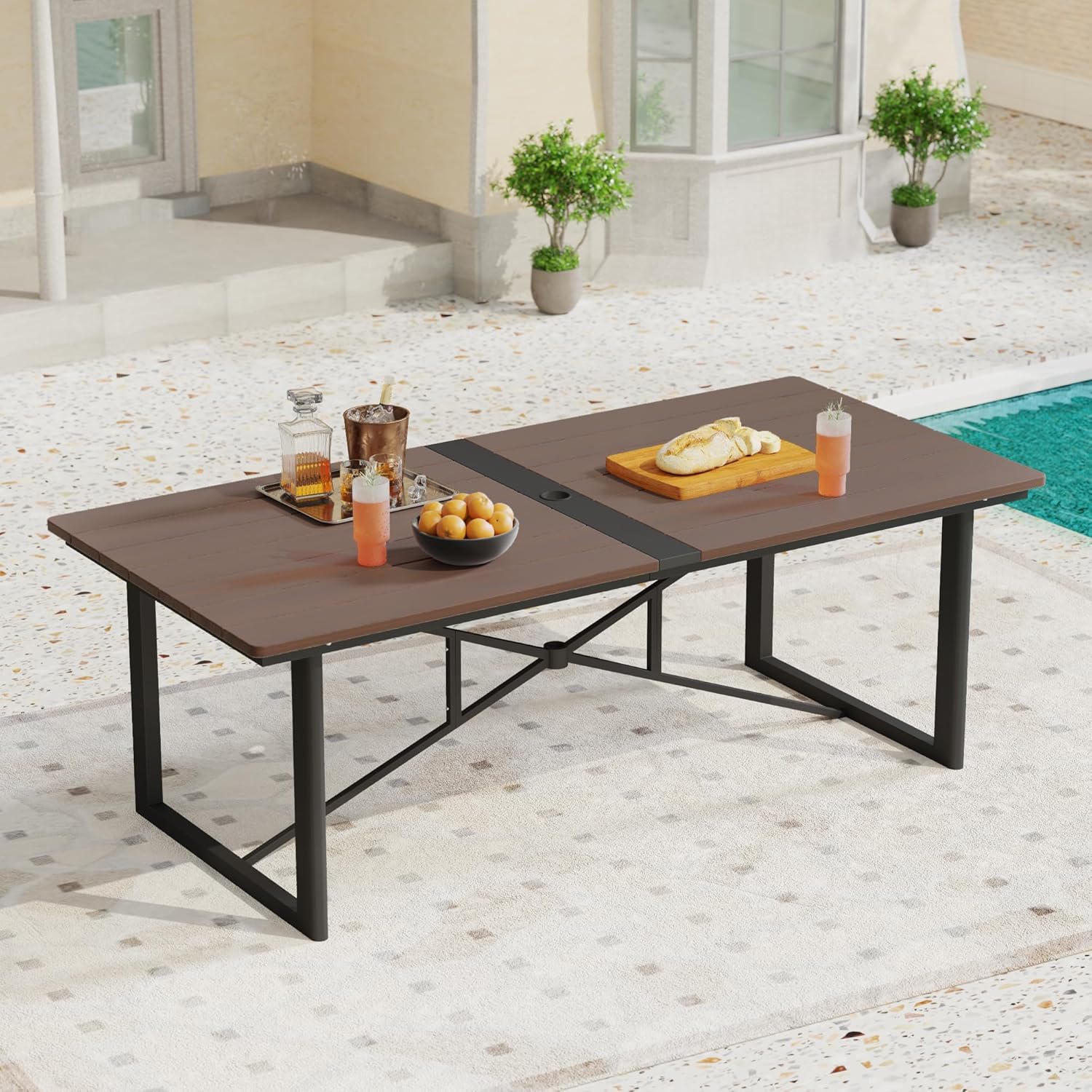 Patio Dining Table with Powder-Coated Aluminum Frame, Rectangle Outdoor Dining Table with Umbrella Hole
