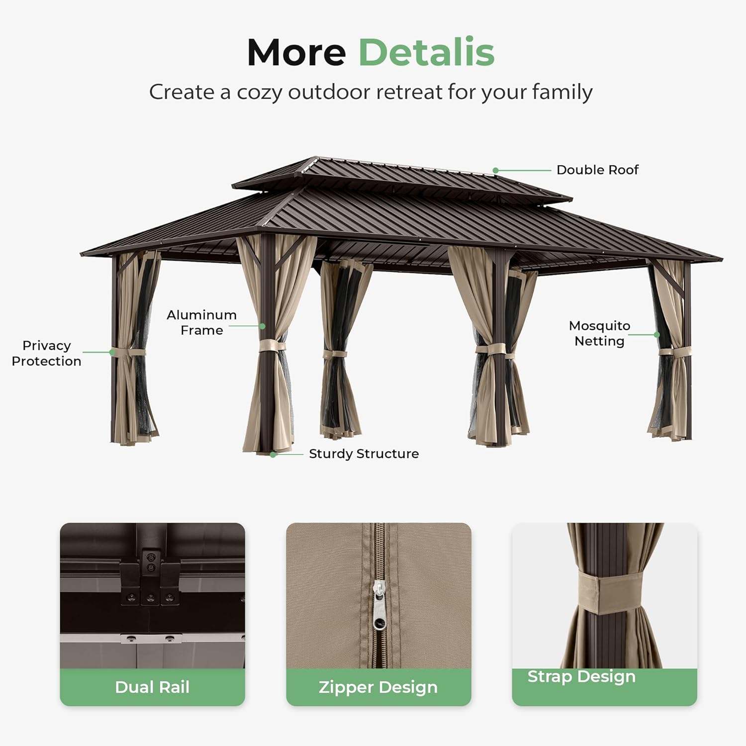 12' x 20' Hardtop Gazebo, Aluminum Frame Gazebo with Double Galvanized Steel Roof, Outdoor Permanent Pavilion with Netting & Curtains