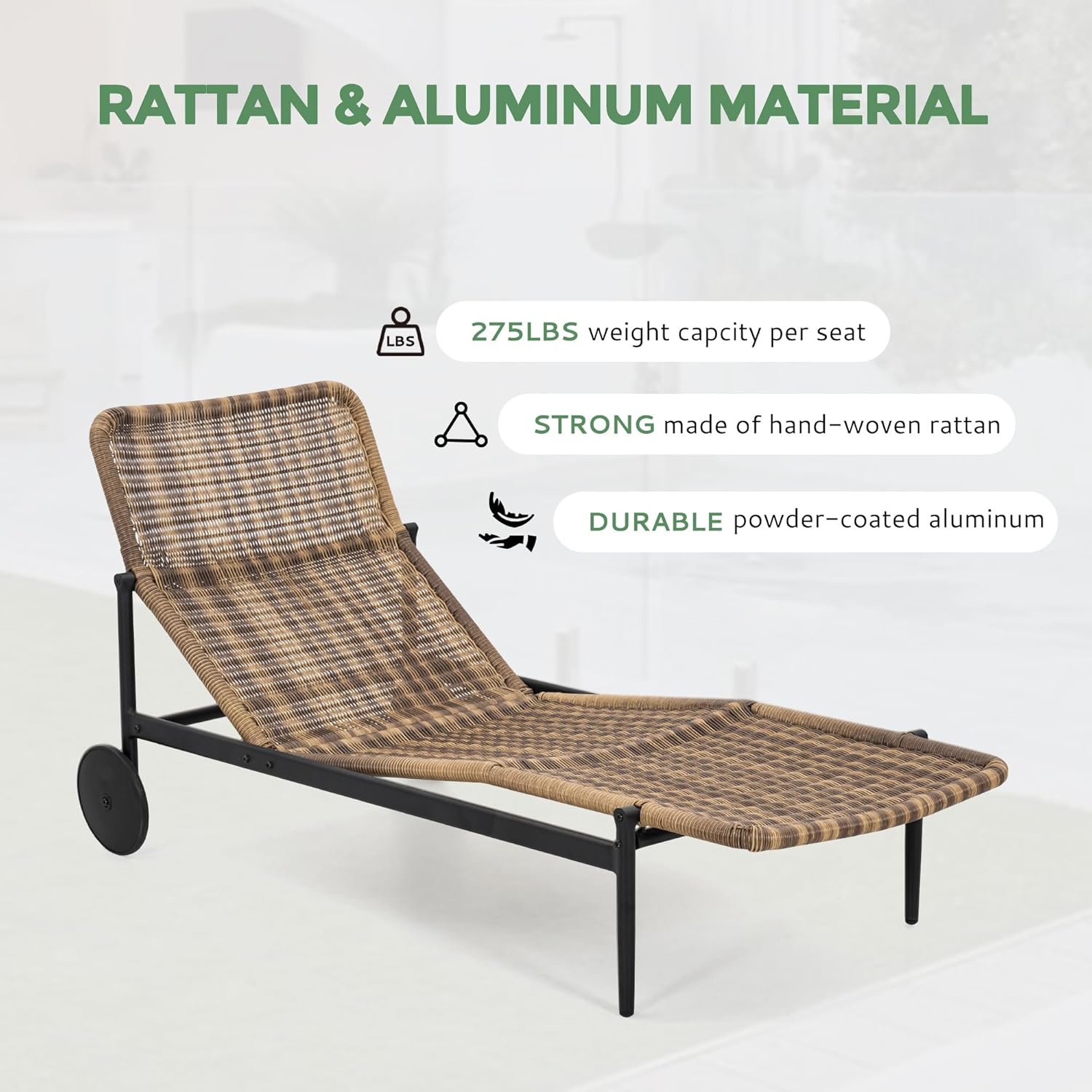 Chaise Lounge Chair Outdoor 2PCS - PE Rattan Wicker Patio Pool Lounge Chair with Cushion and Wheels