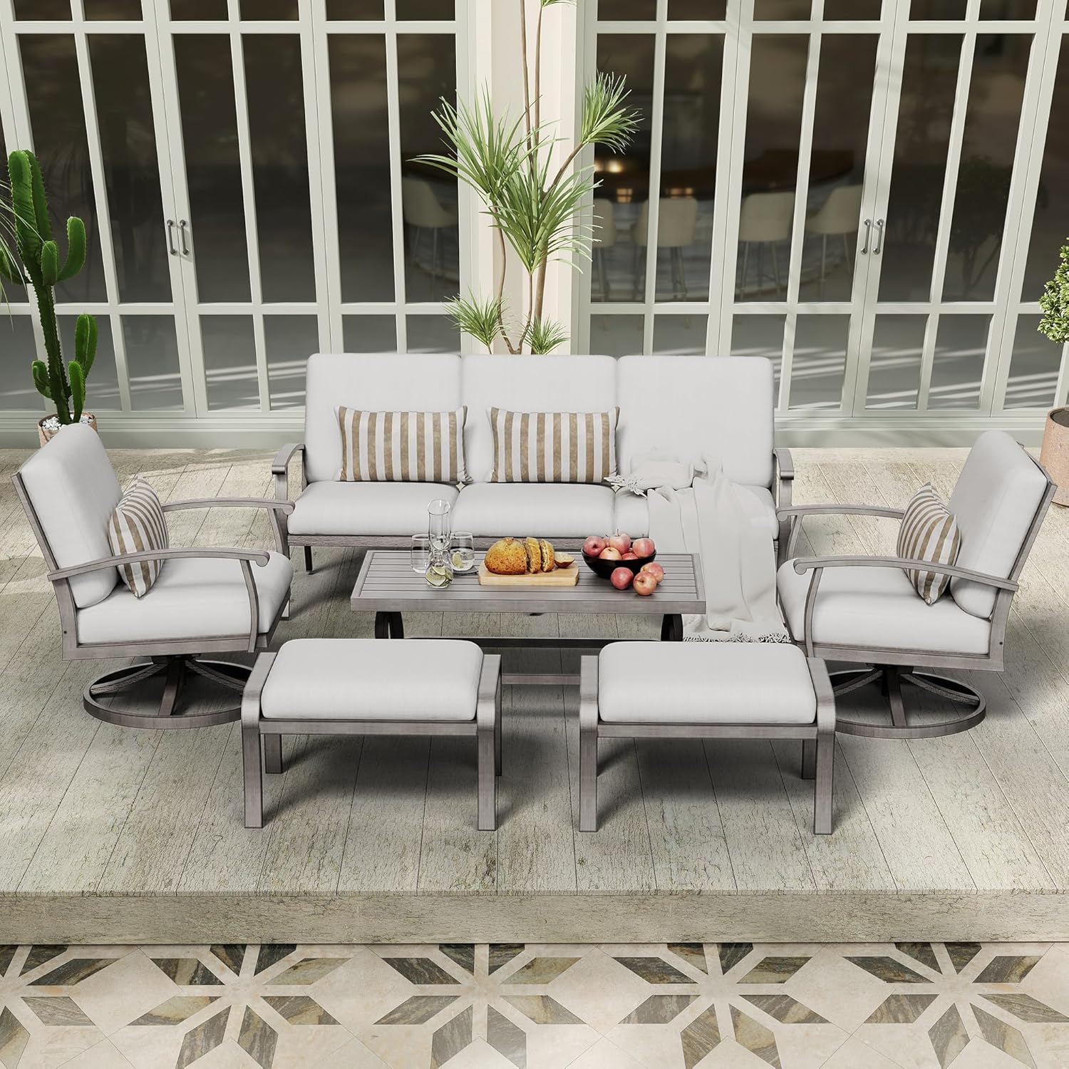 Aluminum Patio Furniture Set with Coffee Table 6 Pieces, Sectional 3 Seat Sofa Couch and Swivel Chairs with Cushion and Ottomans