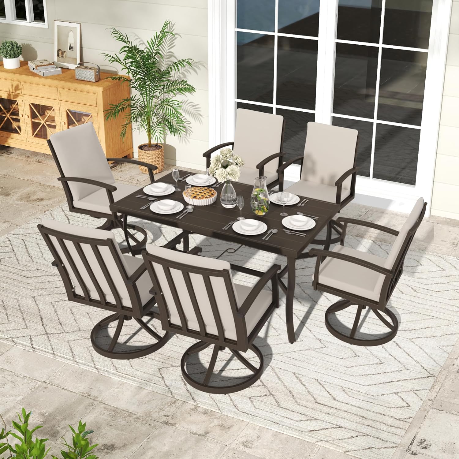 7-Piece Outdoor Patio Dining Set, Aluminum Patio Table and Chairs Set for 6, Rectangular Table with Umbrella Hole