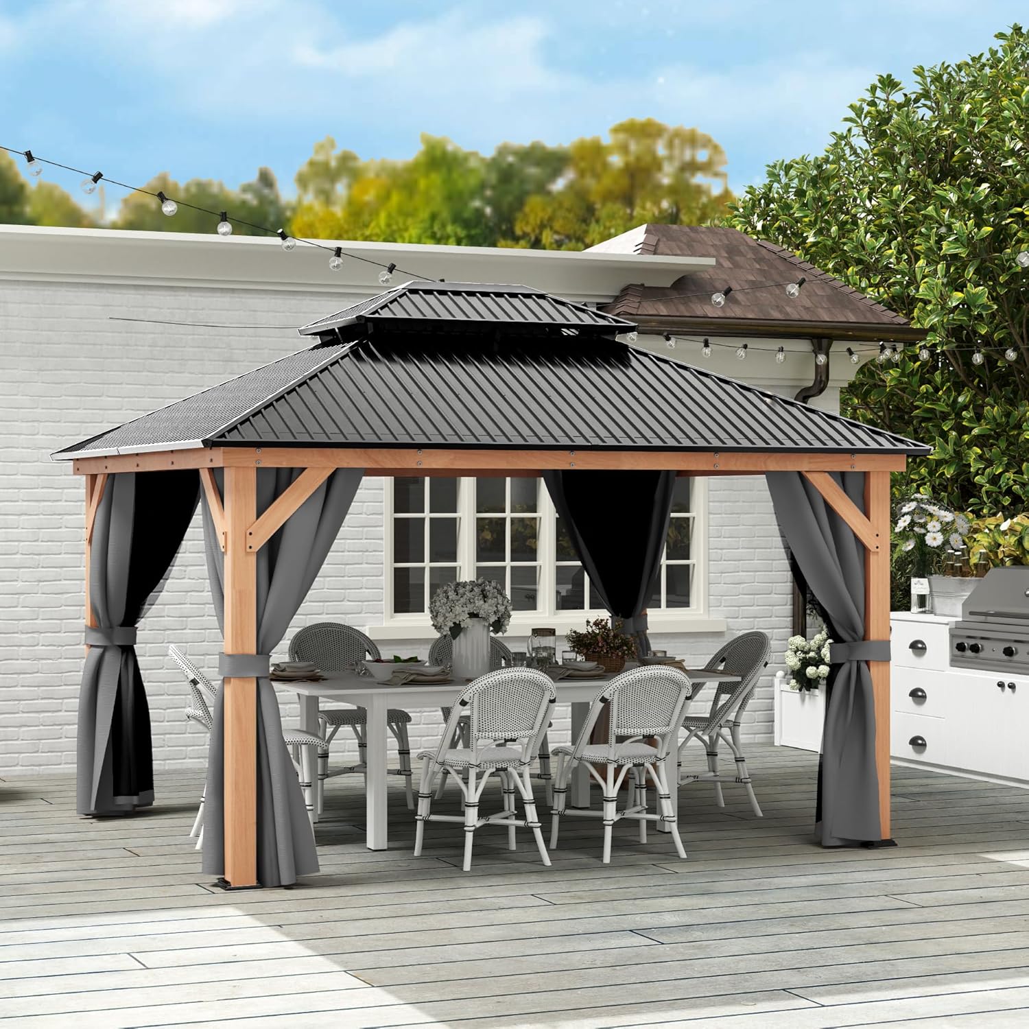11x13 Wood Gazebo, Outdoor Hardtop Gazebo with Netting and Curtains, Double Galvanized Steel Roof