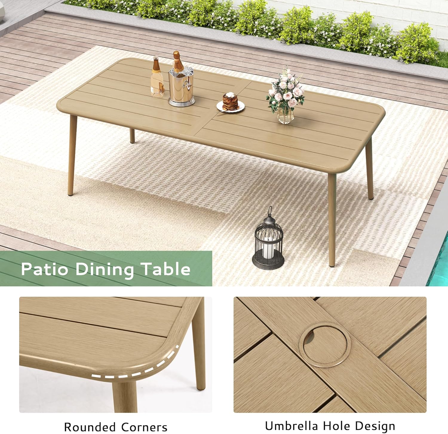 Patio Dining Set 9-Piece Outdoor, Wood-Grain Aluminum Table with Umbrella Hole