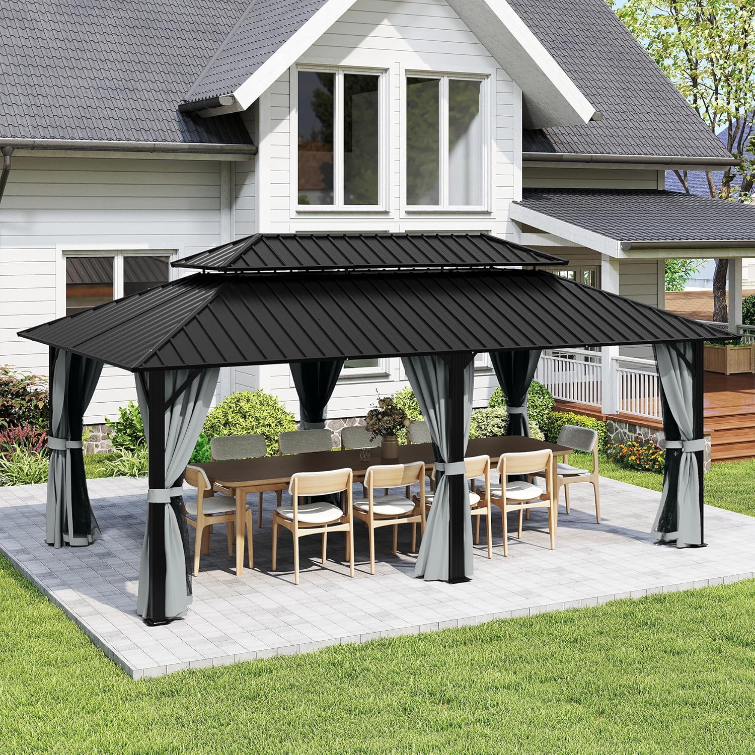 12' x 20' Hardtop Gazebo, Aluminum Frame Gazebo with Double Galvanized Steel Roof, Outdoor Permanent Pavilion with Netting & Curtains