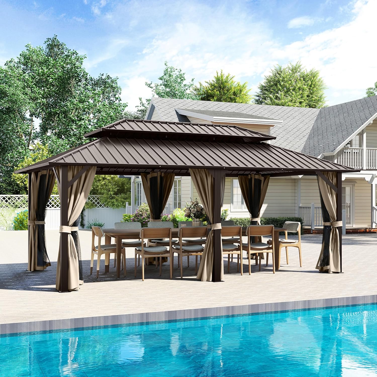 12' x 20' Hardtop Gazebo, Aluminum Frame Gazebo with Double Galvanized Steel Roof, Outdoor Permanent Pavilion with Netting & Curtains