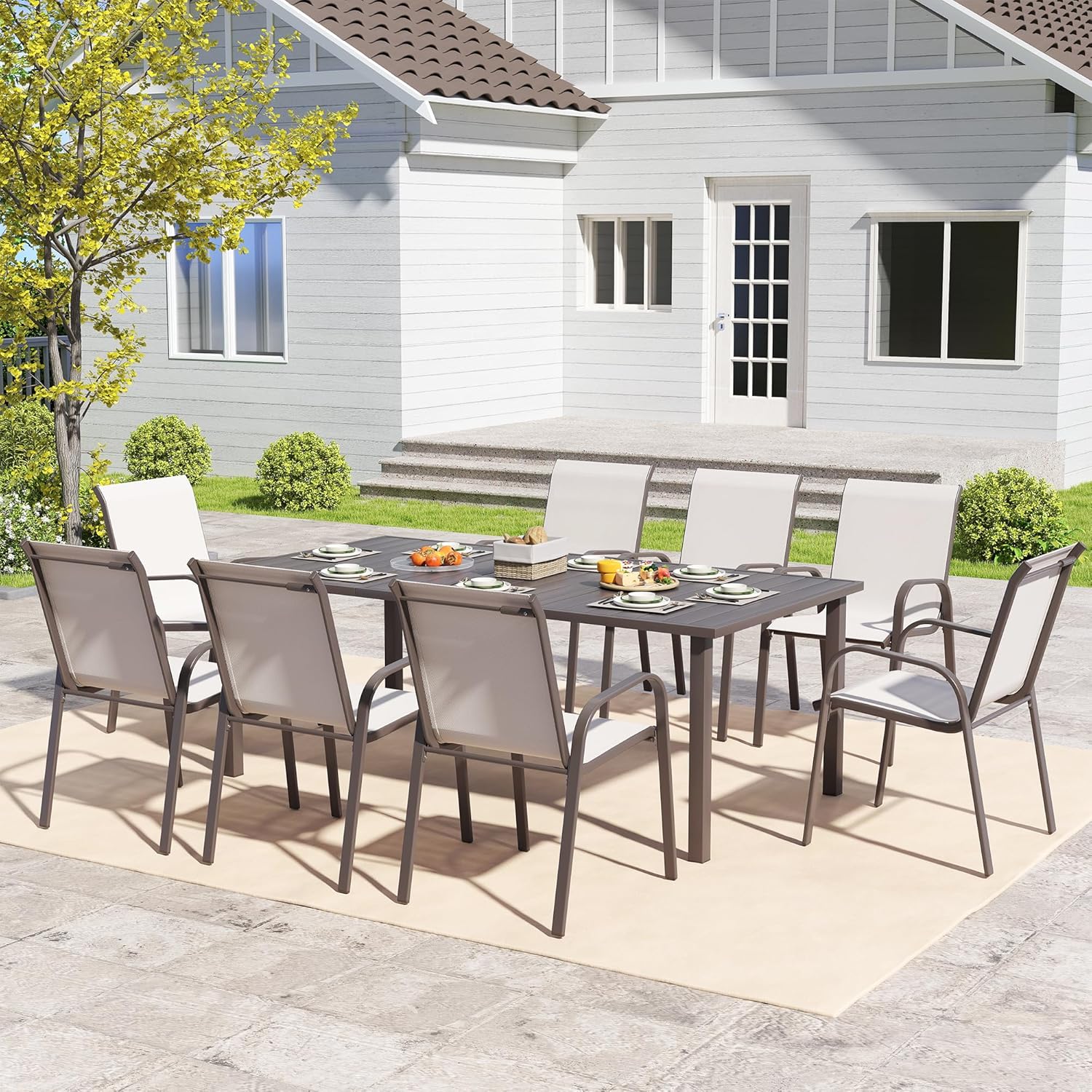 Metal Dining Table with Umbrella Hole, Stackable Outdoor Chairs for Garden Set for 8