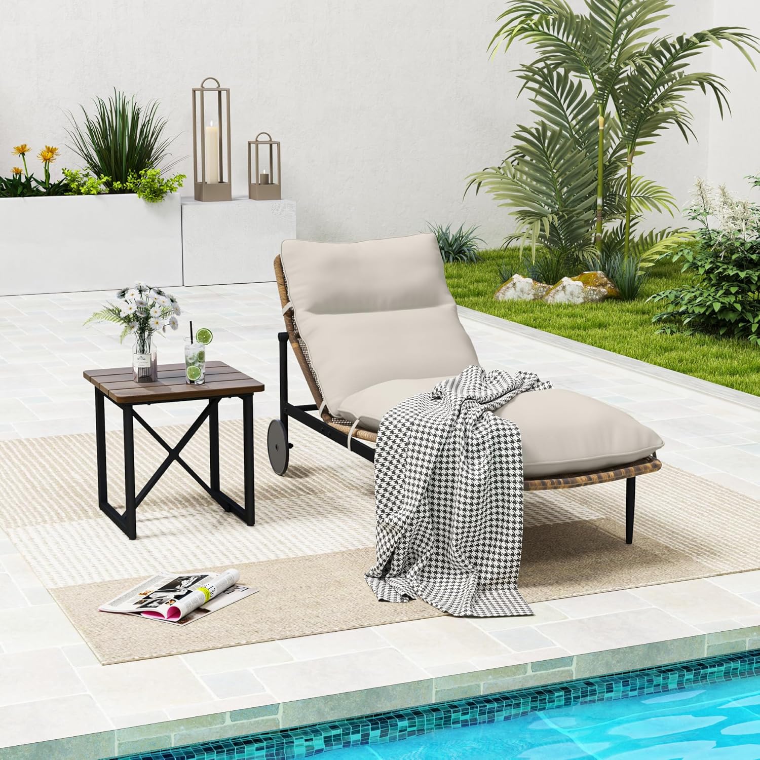 Chaise Lounge Chair Outdoor 2PCS - PE Rattan Wicker Patio Pool Lounge Chair with Cushion and Wheels
