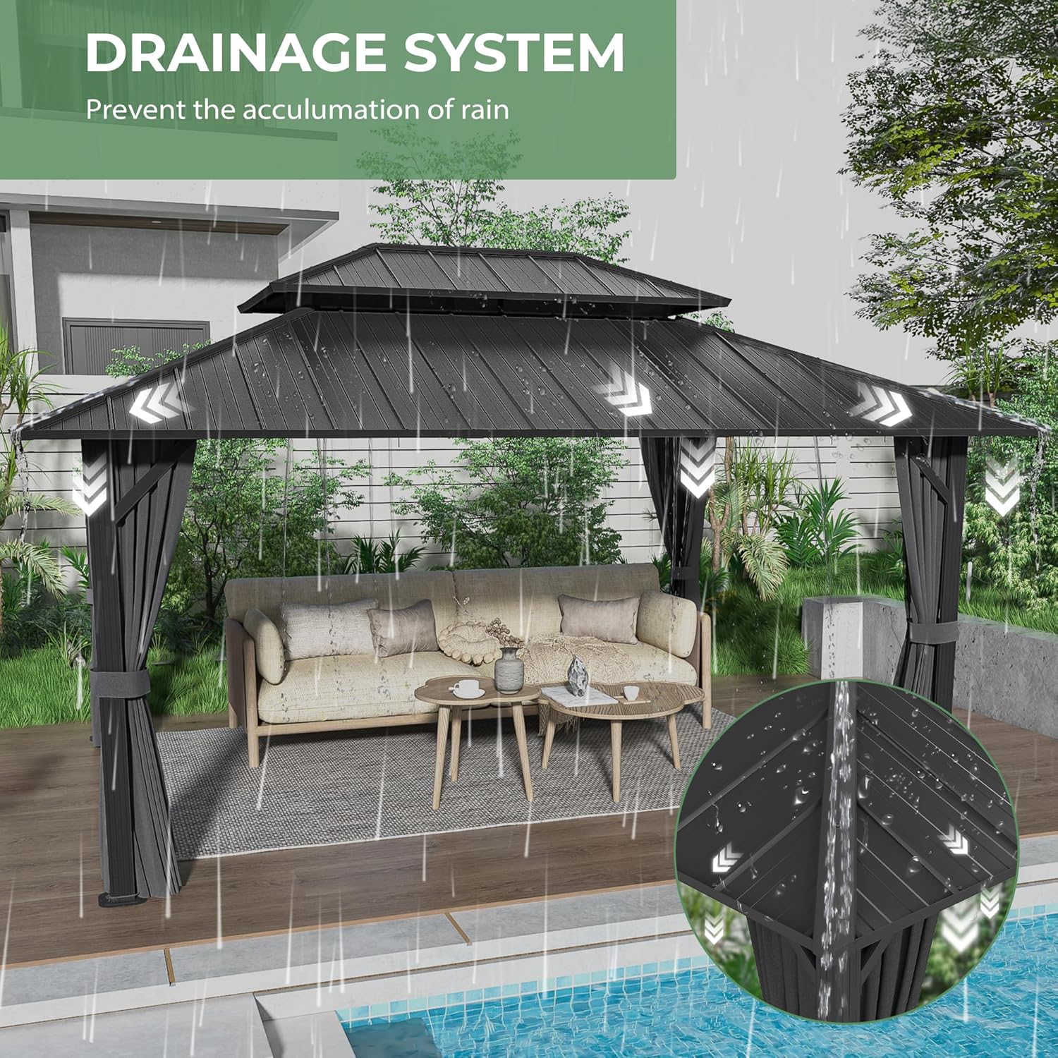 12' x 16' Hardtop Gazebo, Aluminum Frame with Double Galvanized Steel Roof, Outdoor Metal Gazebo with Netting & Curtains